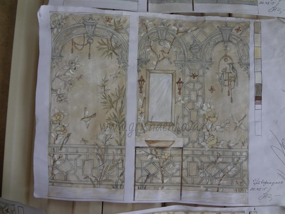 роспись стен в интерьере маленькой ванной комнаты