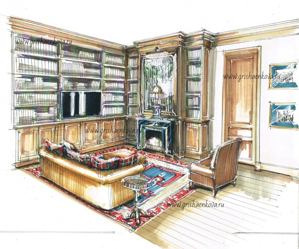 элитный дизайн кабинета с библиотекой из дуба