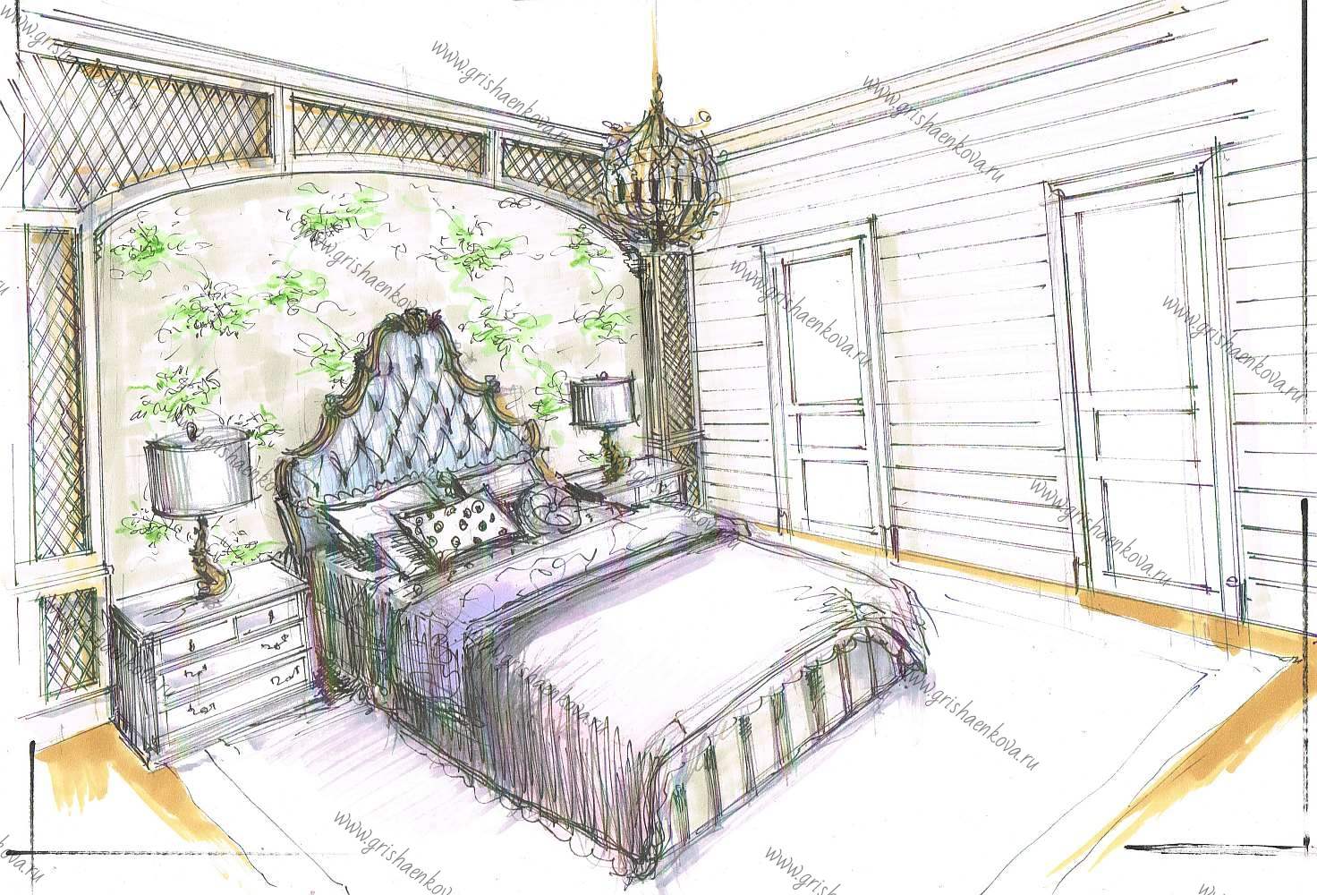 элитный интерьер спальни в загородном доме шале